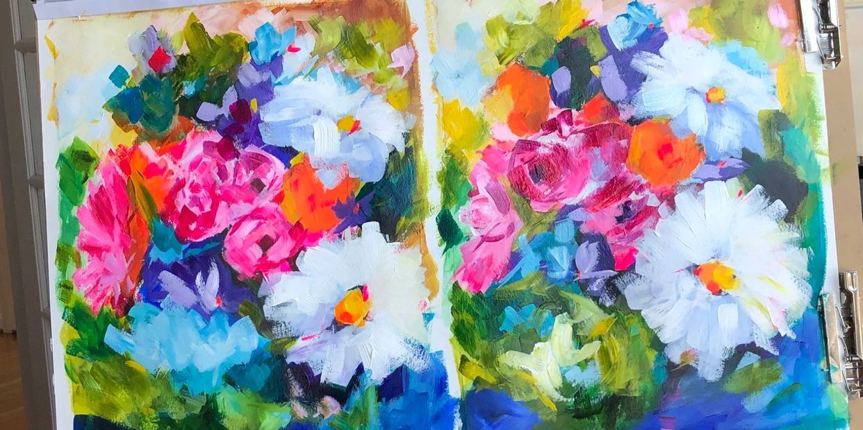 brightly color acrylic floral impressionistic paintings for charity Rochester, New York