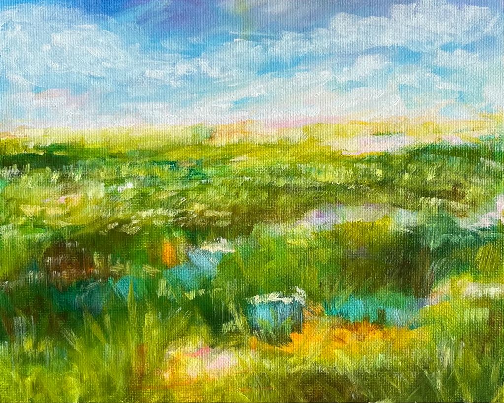 This is a dreamy landscape using an impressionistic style of painting.