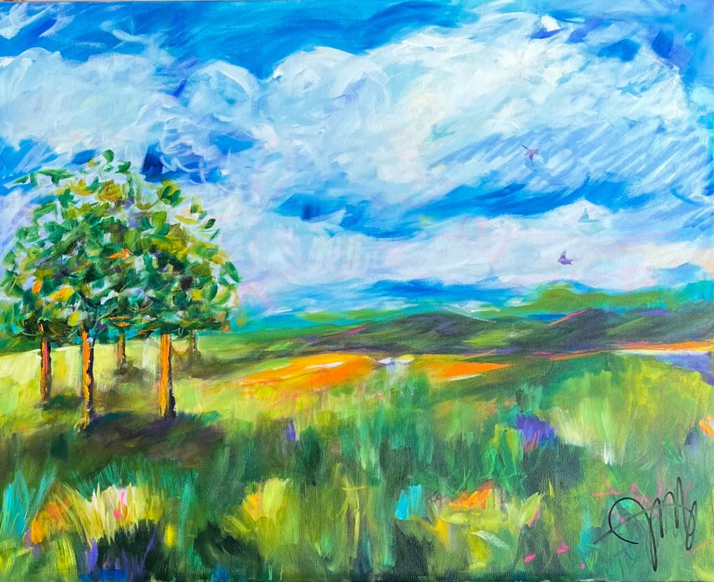 impression landscape bright colors energetic birds trees