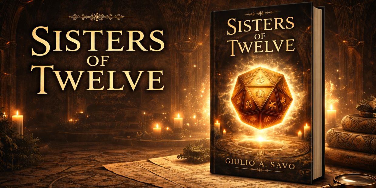 Book cover of Sisters of Twelve by Giulio A. Savo with a glowing dodecahedron.