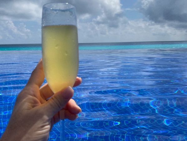 Hand holding a champagne glass by a blue pool with ocean and cloudy sky.