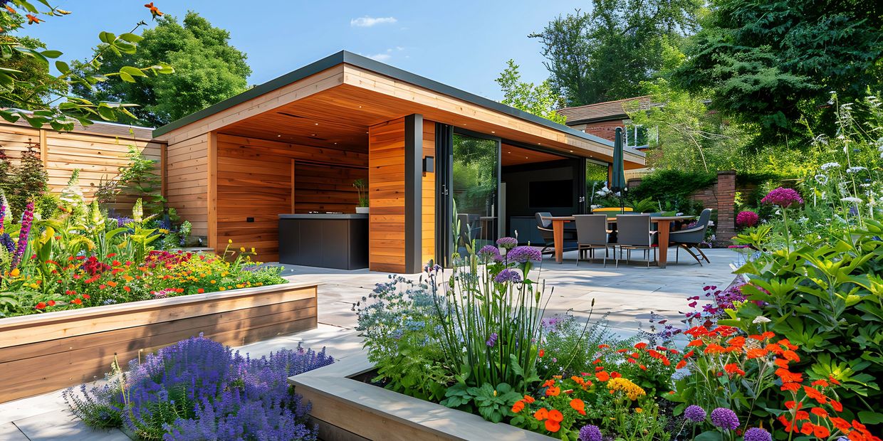 Modern wooden garden room with colorful flower beds and outdoor dining area.