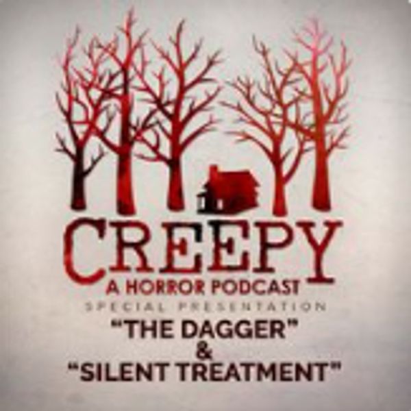 Red trees without leaves and a small red house sit above the title Creepy A Horror Podcast