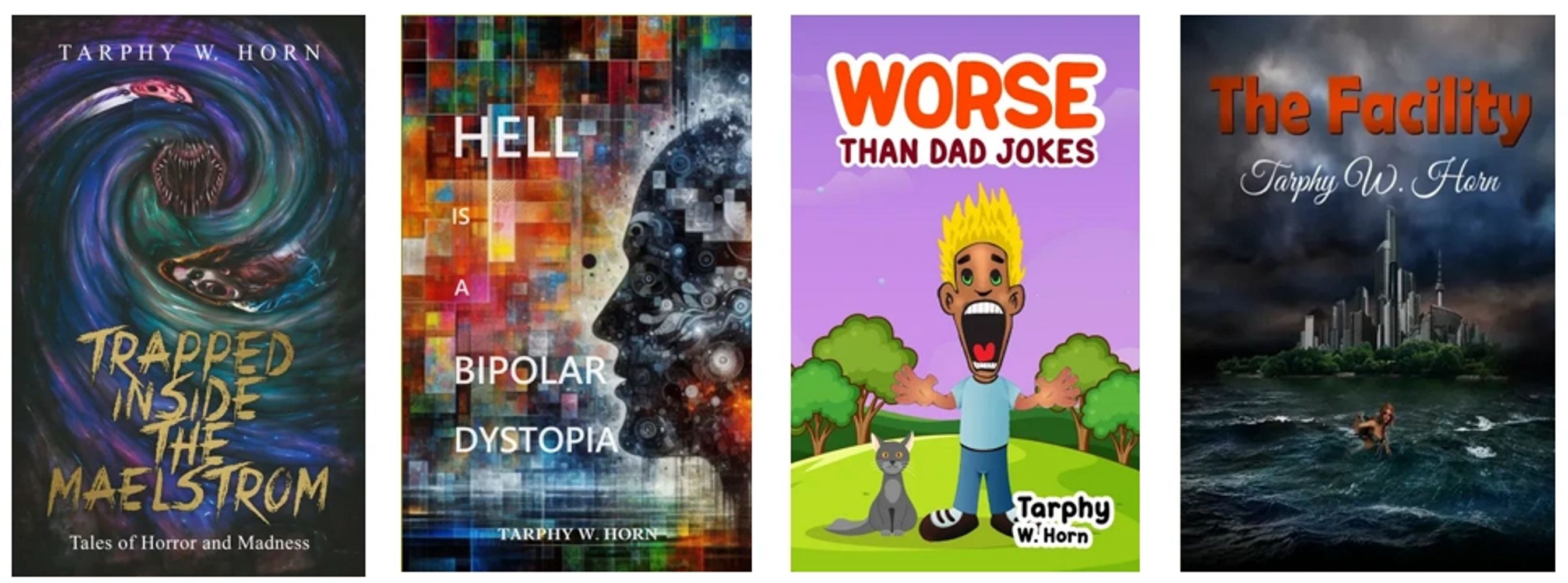 Tarphy's logo and the front cover of four of her books