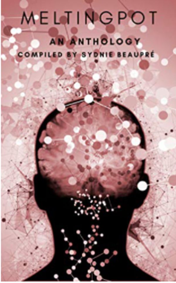 The shadow of a person's head with abstract pink and white lines and circles