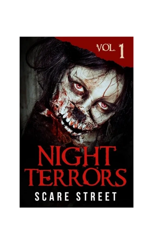 A Zombie from the neck up with a bloody white face, red eyes, and black hair.