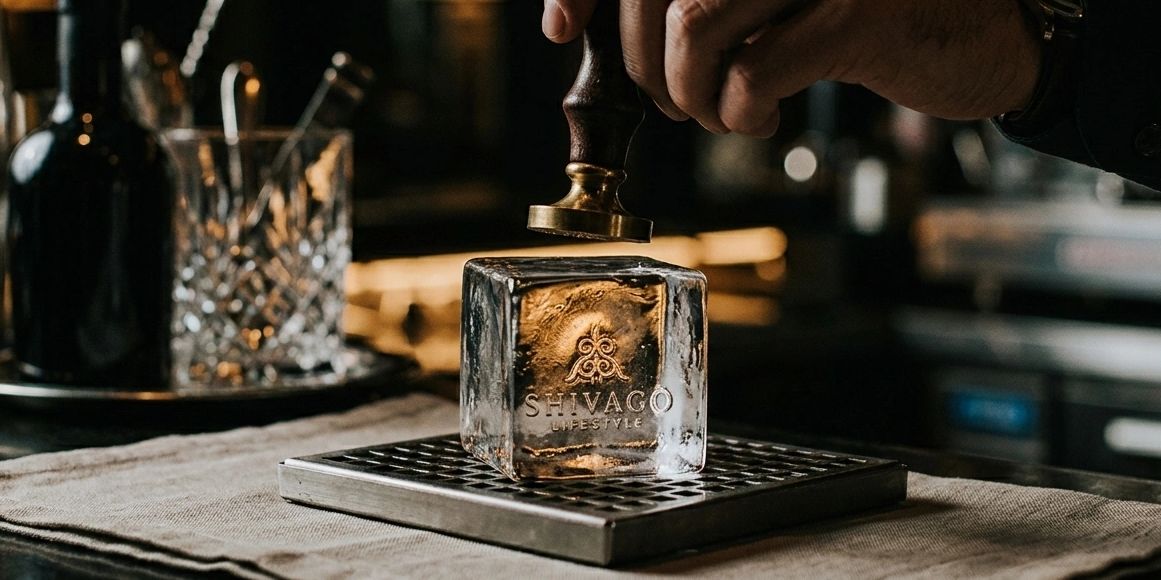 A hand pressing a seal onto a large ice cube engraved with SHIVAGO LIFESTYLE