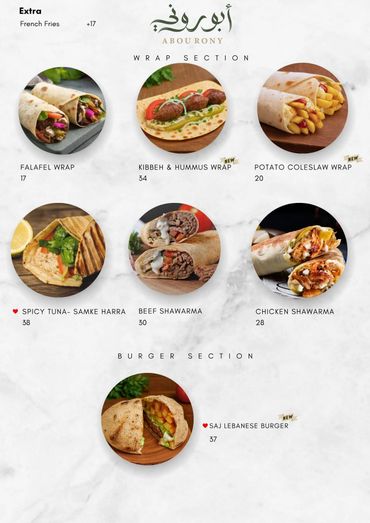 falafel wrap, kibbeh, fries, spicy tuna, shawarma beef and chicken, burger