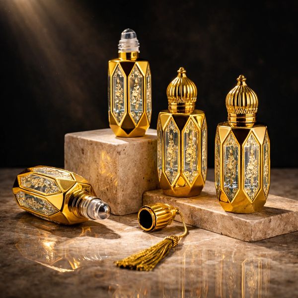 UNEQUIVOCAL men's luxe parfum oil 4 gold crown cap and tassel bottles displayed on marble pedestal 