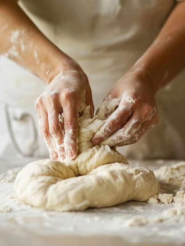Hands kneading dough on a floured surface.