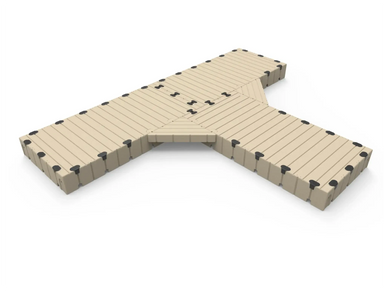 floating dock section in a t shape with chamfered corners