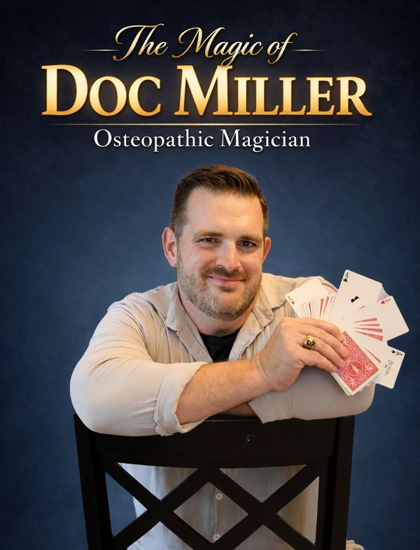 Doc Miller, the Osteopathic Magician, holding playing cards with a confident smile.