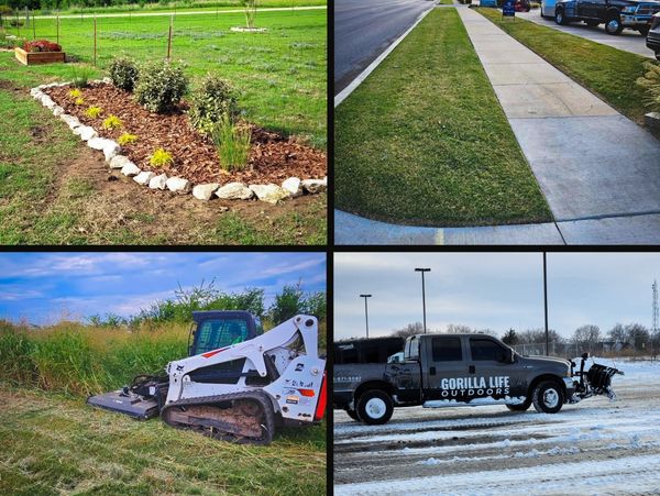 Four outdoor scenes: garden bed, sidewalk lawn, brush mower, and truck in snow.