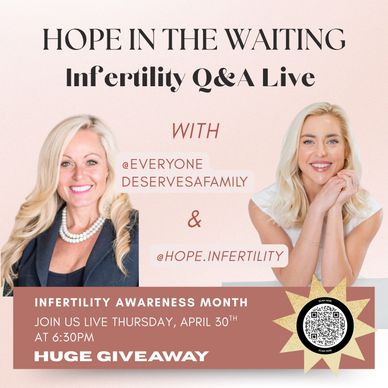 Infertility Q&amp;A Live event announcement with two smiling women and giveaway info.