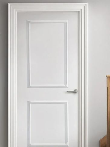 White interior door with rectangular panel designs and a silver handle.