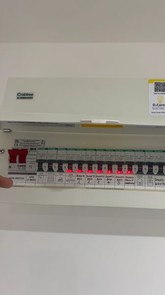 Electrical fuse box with labeled circuit breakers and some switches on.