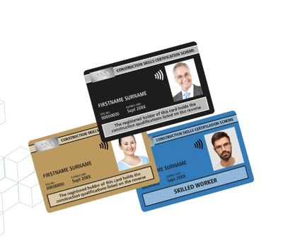 Three colored Construction Skills Certification Scheme cards with photos and details.