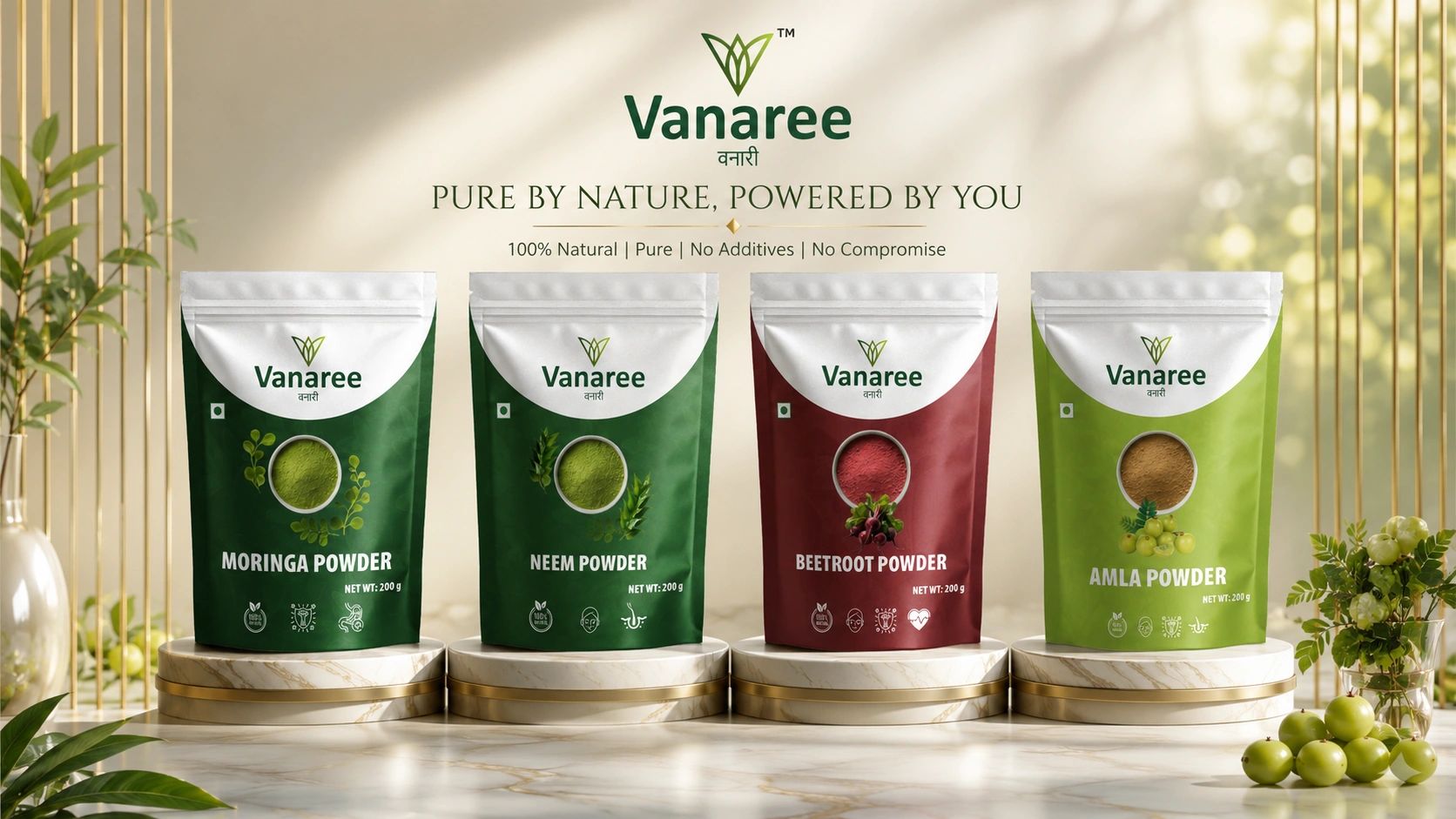 Vanaree natural health powders: Moringa, Neem, Beetroot, Amla.