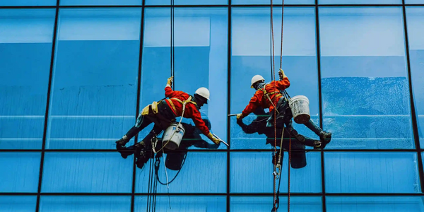 Two window cleaners suspended on ropes cleaning a tall building.