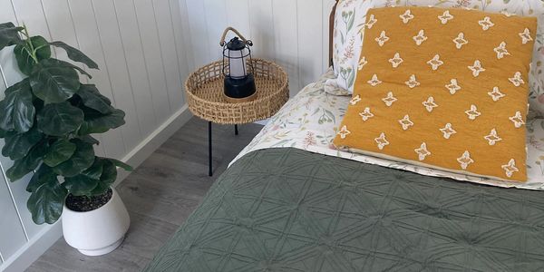 Cozy bedroom corner with plant and bedside table.