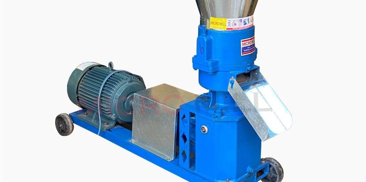 Blue industrial micro mill machine with motor and wheels for mobility.