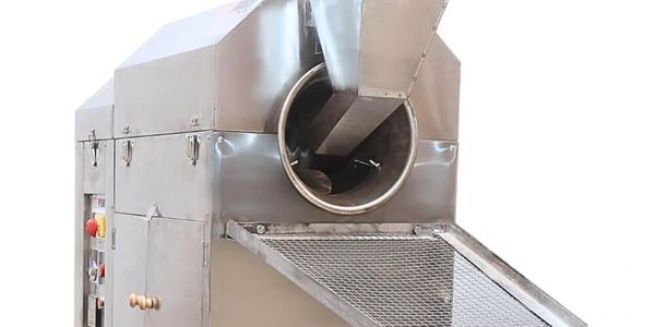 Industrial stainless steel machine with a chute and control buttons.
