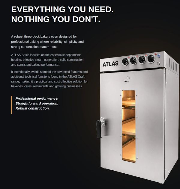 ATLAS Basic professional three-deck electric bakery oven with stone decks and reliable heating.