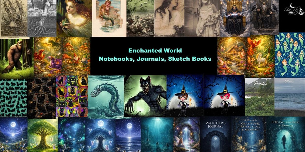 Collage of enchanted-themed notebooks and journals with fantasy and mystical designs.