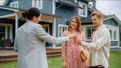 Couple receives house keys from a real estate agent.