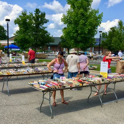 People browsing books at an outdoor book sale on a sunny day.