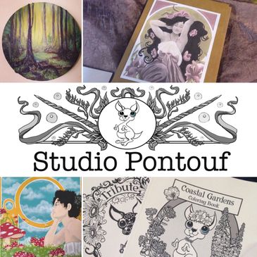 a collage of our artwork with our logo