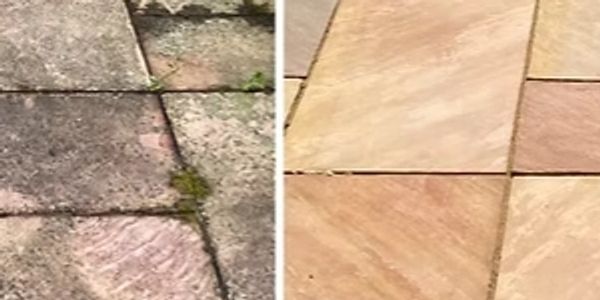 Professional cleaning of a sandstone patio in Newcastle Under Lyme, Staffordshire