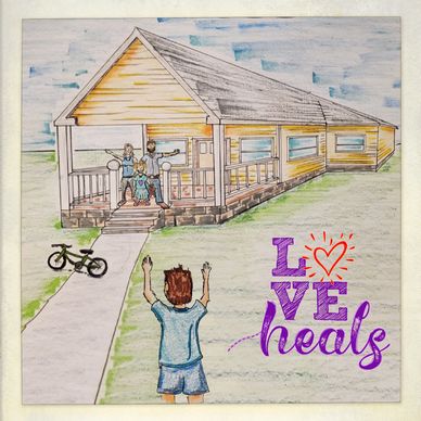 Illustration of a child running to family at a porch with 'Love heals' text.
