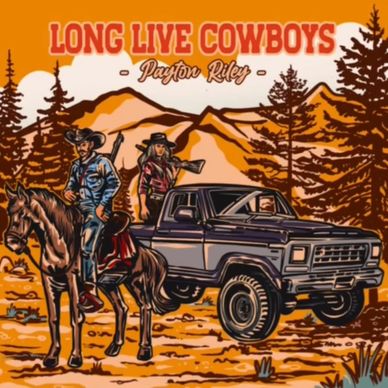Illustration of cowboys with a horse and truck in a western landscape.