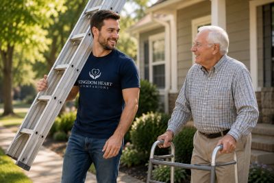 Young man helping elderly man with a ladder outside.
