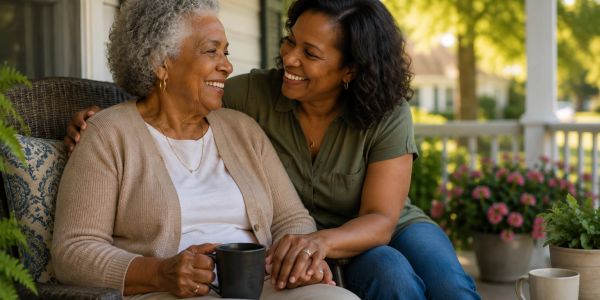 Two women sitting on a porch, sharing a warm moment.