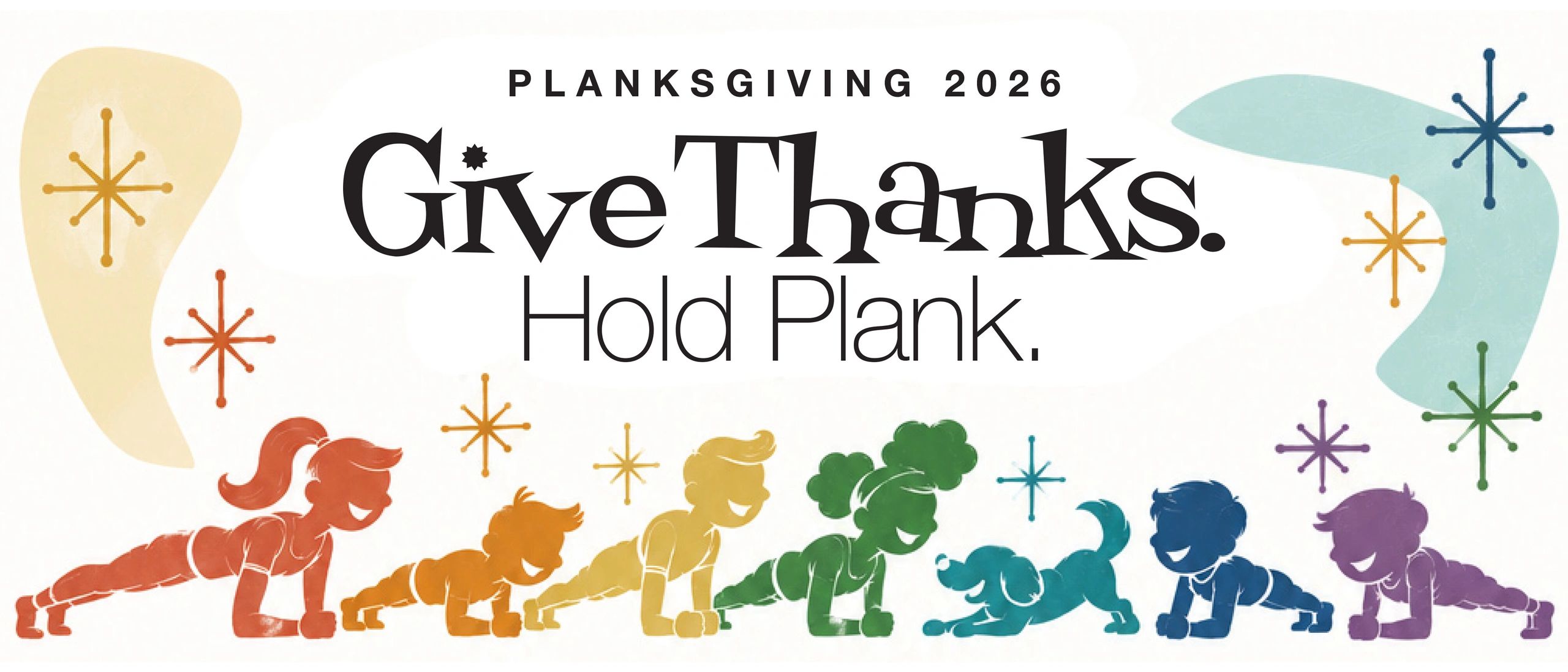 Planksgiving 2026 exercise challenge illustration with diverse people planking.