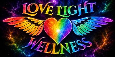 Rainbow-colored heart with wings and text about love, light, and wellness.