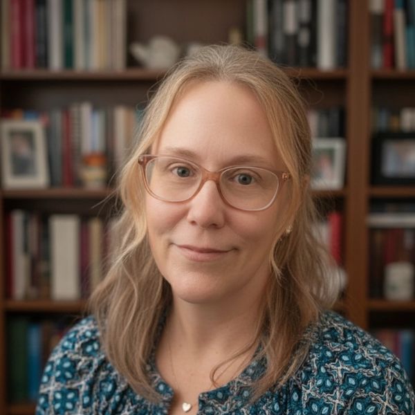 A woman with glasses and a patterned top smiling gently in front of a bookshelf.