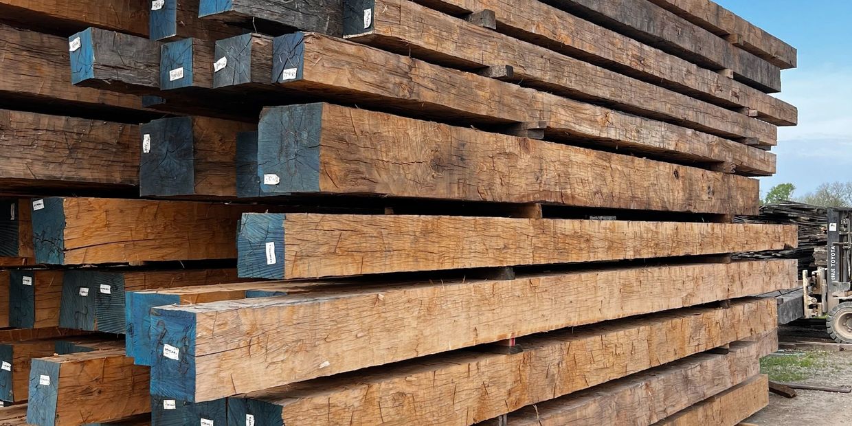Stacked wooden beams with blue ends and white labels.