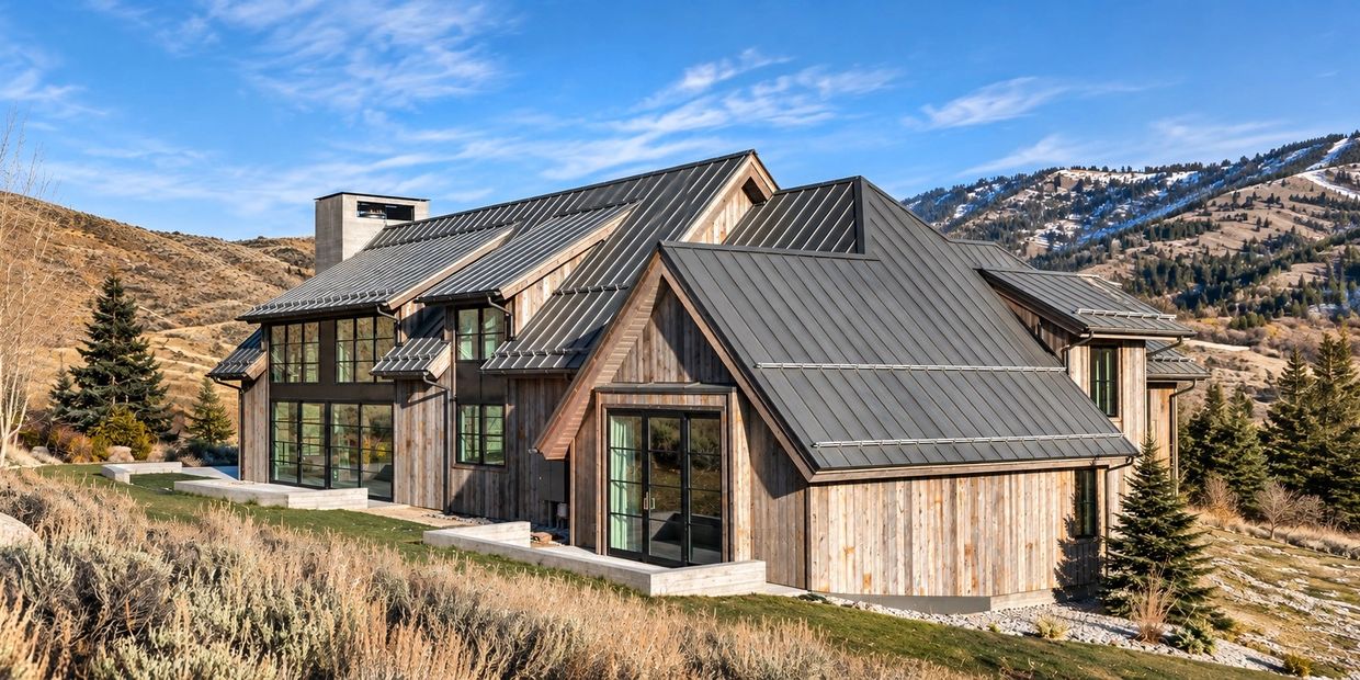Modern wooden house in a mountainous landscape.