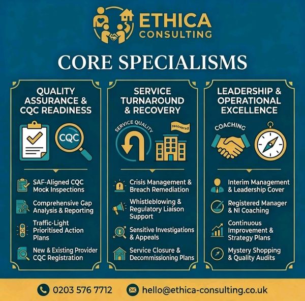 Ethica Consulting core specialisms service list detailing support options in quality assurance, service turnaround, and leadership excellence.