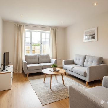 Minimalist living room with gray sofas, wooden floor, and round coffee table under soft natural light.