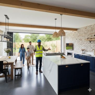 A family tours a modern kitchen with a construction worker guide.