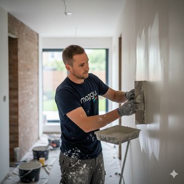 Man plastering a wall in an indoor renovation project.