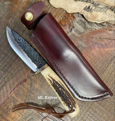 ML Knives custom stag drop point. Horizontal sheath with snap