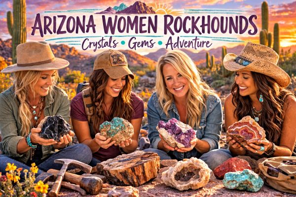 Four women happily holding colorful crystals and gems in a desert setting, promoting Arizona Women Rockhounds.