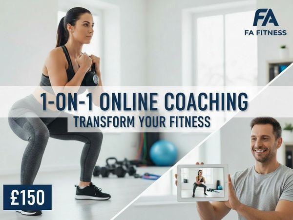 Woman doing kettlebell squats in online fitness coaching session.