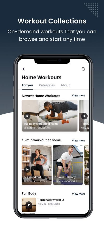 Mobile app interface showing on-demand home workout collections.