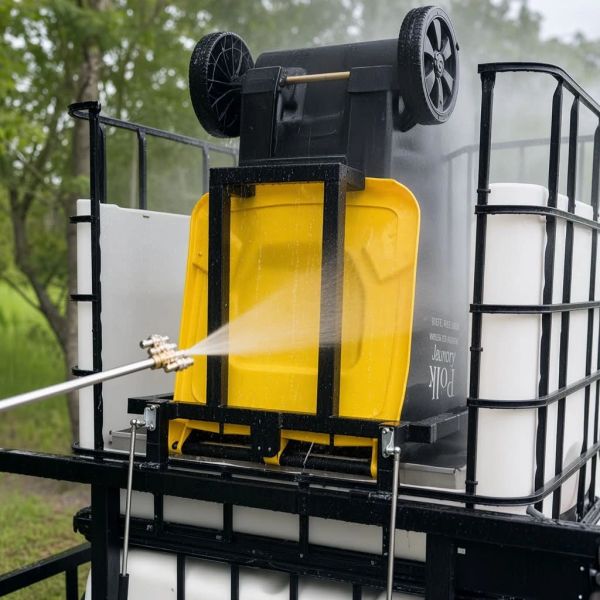 Pressure washing of an overturned trash bin at a cleaning station.